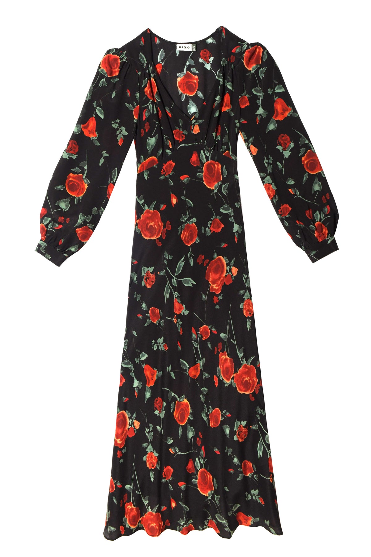 The Mavis - Claudia Rose Black is an ankle-length, long-sleeve dress in black with a red rose pattern, V-neckline, and slightly puffed sleeves.