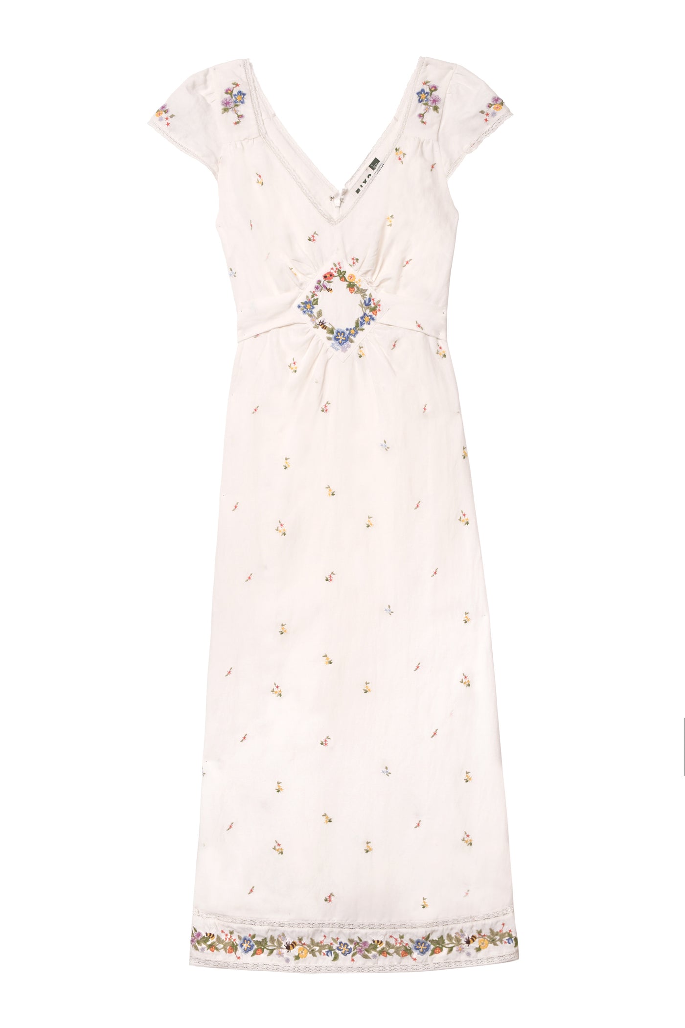 The Carey - Meadow Embroidery Ivory is a light pink, short-sleeved midi summer dress in a linen blend, featuring vintage-inspired floral embroidery on the hem, a V-neckline, gathered waist, and delicate feminine details.