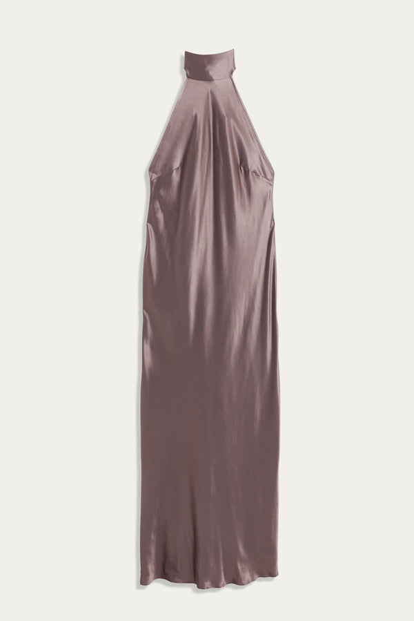 A sleeveless Maura gown in mink satin is laid flat on a white background, featuring a high halterneck, open back, and smooth, shiny texture for an elegant appearance.