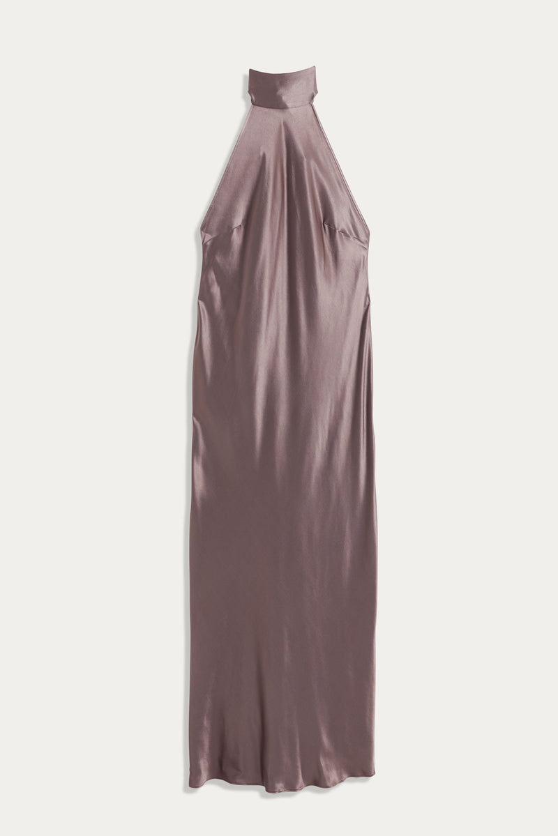 A sleeveless Maura gown in mink satin is laid flat on a white background, featuring a high halterneck, open back, and smooth, shiny texture for an elegant appearance.