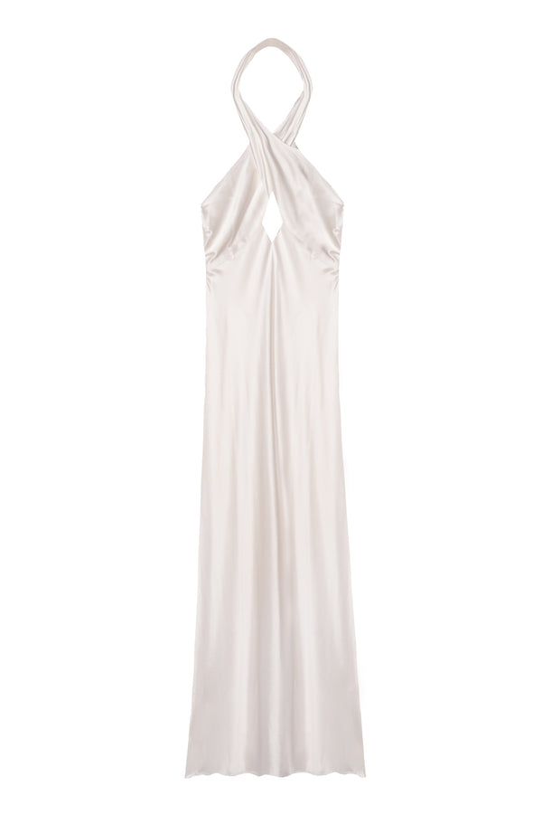 The Dune - Satin Gown is a sleeveless, long white bridal dress with a crisscross halter neckline and small chest keyhole, offering an elegant and modern look.