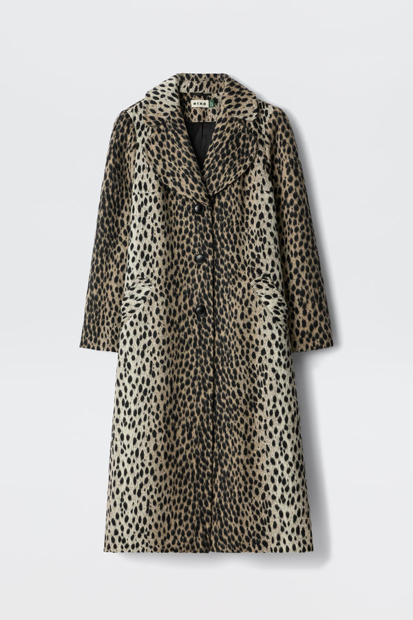 The Rosemary - Antelope Spot Jacquard Black is a long, knee-length coat with a spotted pattern, curved lapels, and three front buttons, shown against a plain white background.