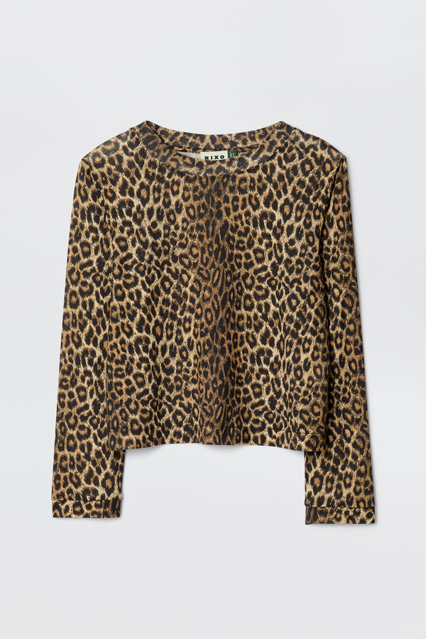 The Phaedra Lyra Leopard Black is a long-sleeve cropped top in soft Tencel Jersey, showcasing a bold brown and black leopard print on a plain white background.