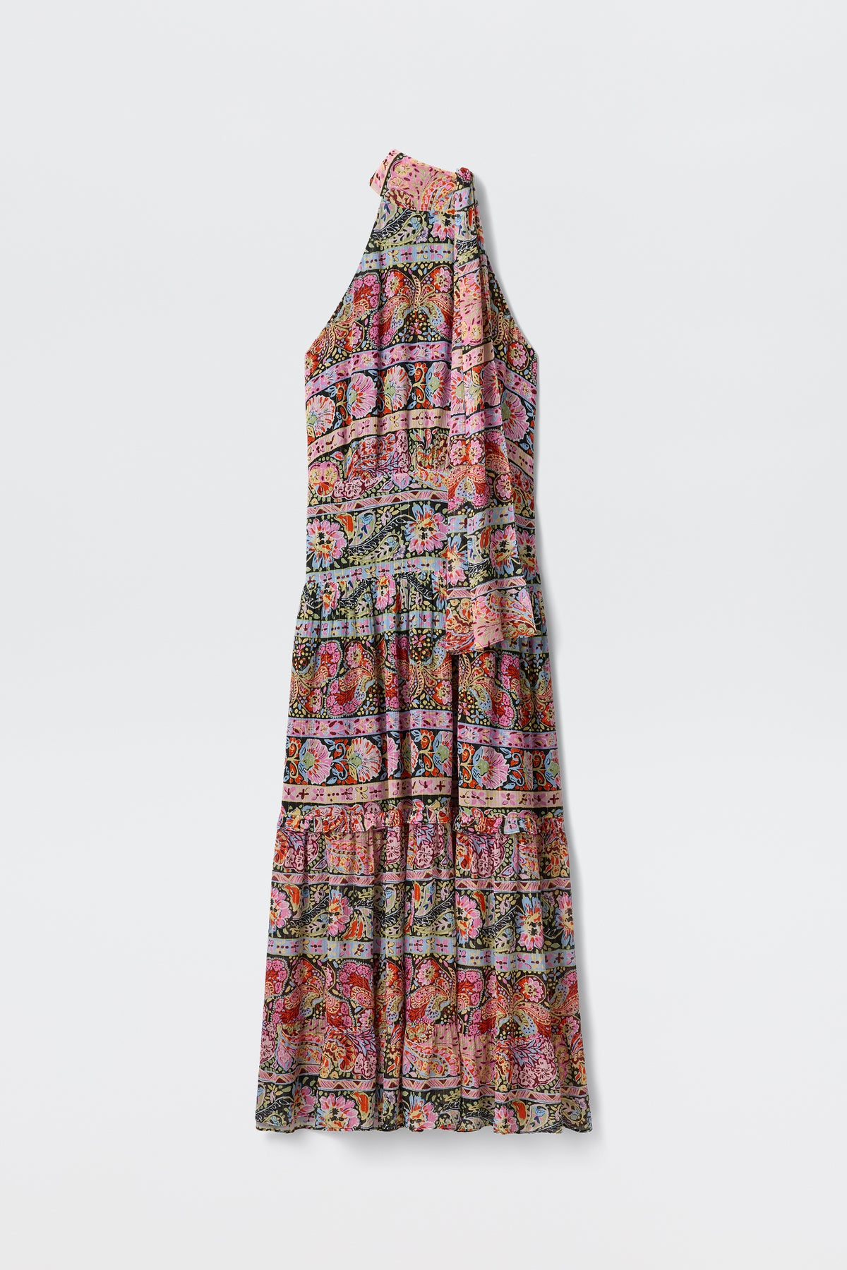 The Abi - Cara Stripe Black is a sleeveless, ankle-length dress with stripes, a high neckline with tie detail, and a tiered skirt, shown on a plain white background.