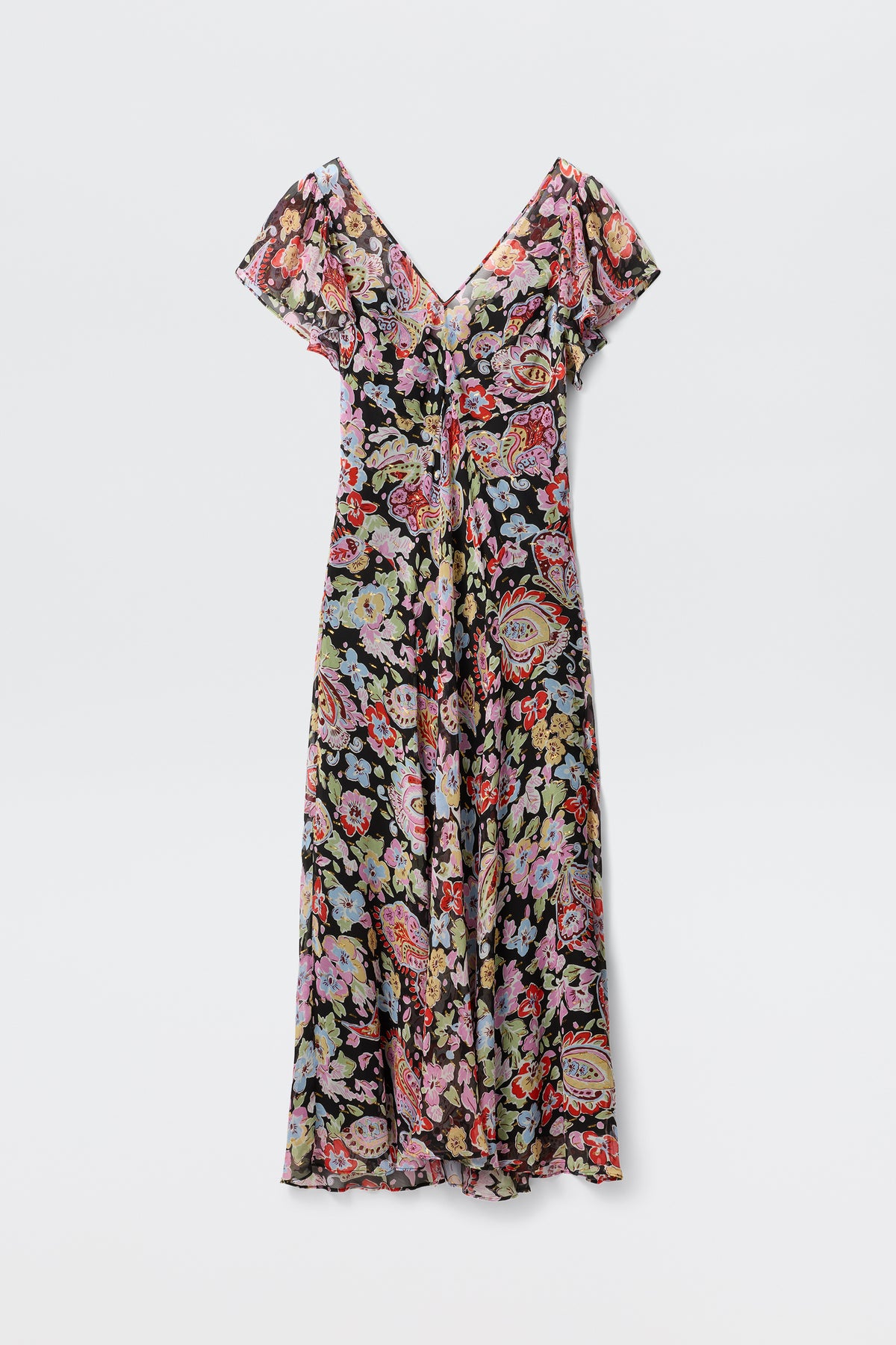 The Bexley - Cara Floral Black is a flowy, short-sleeved maxi dress with a V-neckline, showcasing a vibrant floral and paisley print on black, presented on a plain white background.