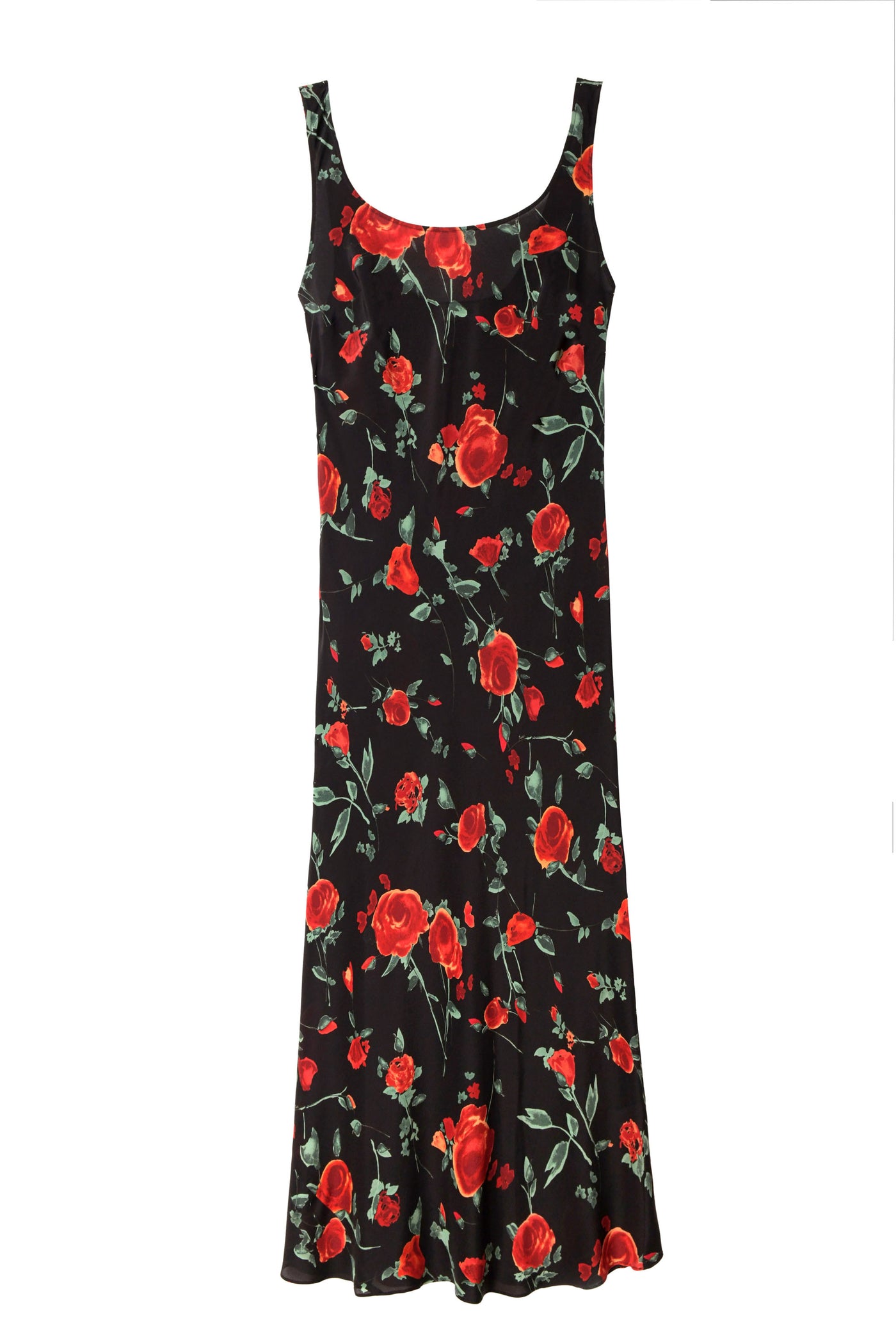 The Bondi - Claudia Rose Black is a sleeveless midi dress with a scoop neckline, featuring a vibrant red rose and green leaf print on black in a flattering bias silhouette.