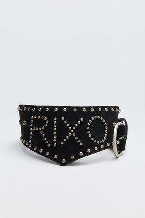 Introducing the Lorelei - Black: a wide black belt accented with silver studs that spell out RIXO and trace the edges, finished with a large silver buckle set on the right side.