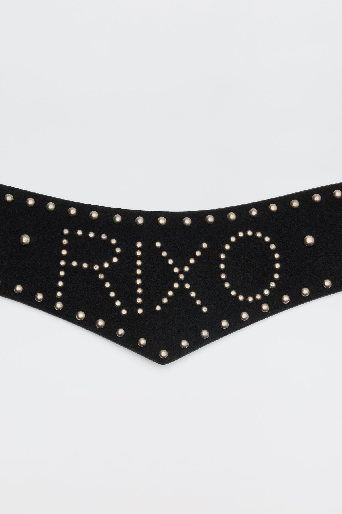 Introducing the Lorelei - Black, featuring black fabric adorned with metal studs that spell out “RIXO” and are bordered by extra studs in a striking V-shaped pattern set against a white background.