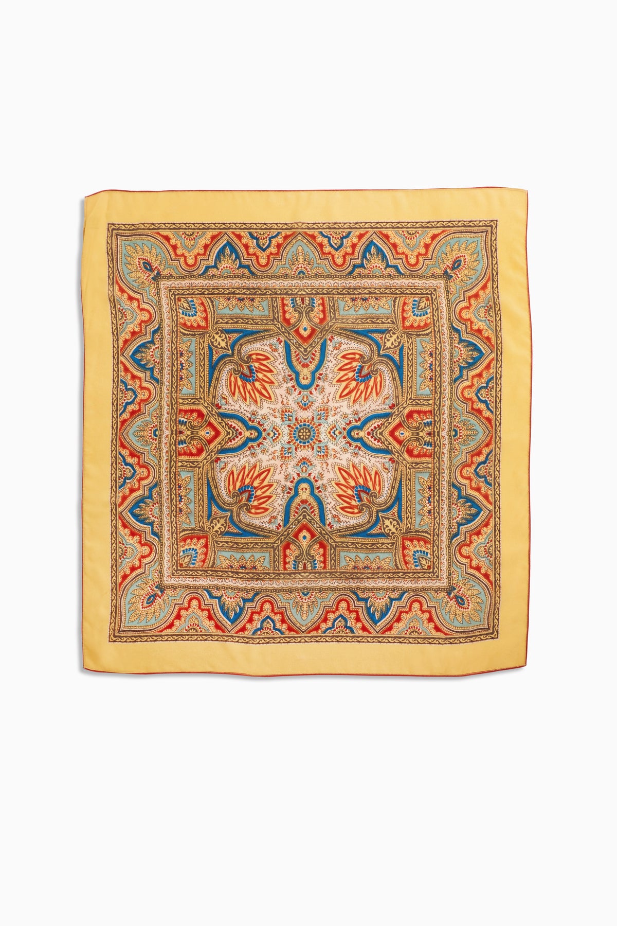 Menno - Paisley Golden is an elegant square silk scarf with a yellow border, showcasing intricate paisley patterns in red, blue, and orange tones. Its symmetrical and ornate central designs make it a timeless fashion accessory.