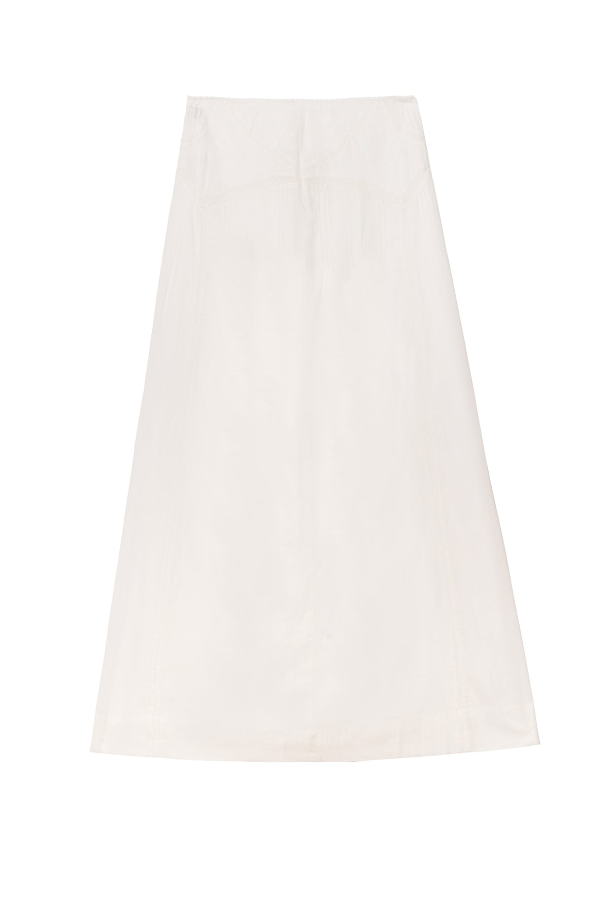 The Vienne - Pansy Embroidery Ivory skirt, a vintage-inspired white design with subtle stitching and a smooth texture, is laid flat on a plain white background.