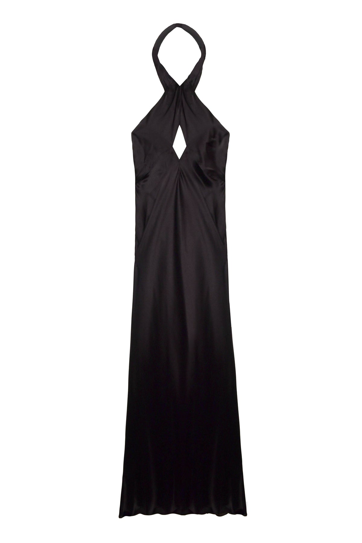 The Dune - Black is a sleeveless, floor-length silk-satin gown with a halter neckline that crosses at the neck and a diamond-shaped chest cutout, making it an elegant choice for black tie events.