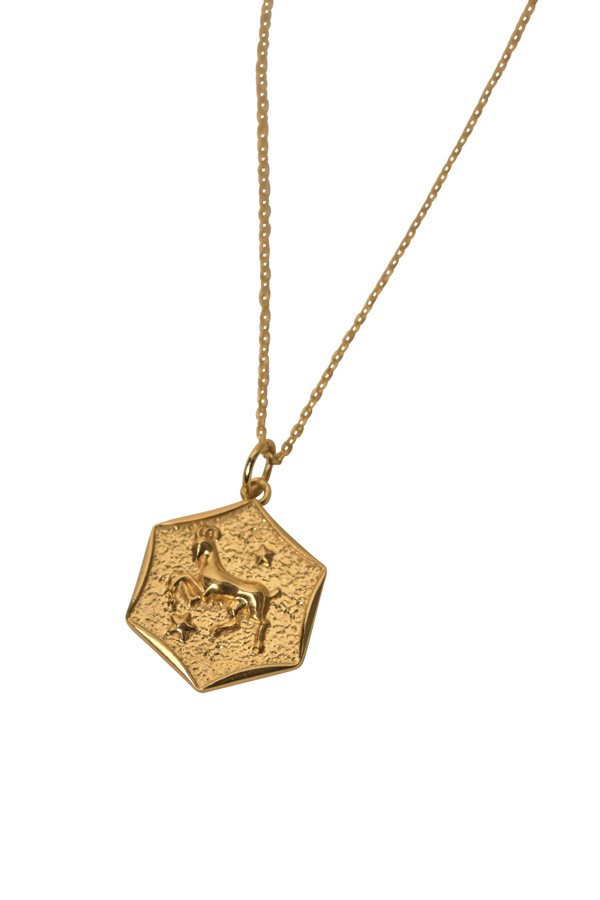 Introducing Zodiac - Aries: a gold vermeil necklace showcasing a hexagonal pendant with a raised horse design, set against a white background—a striking piece that beautifully echoes the spirit of Zodiac necklaces.