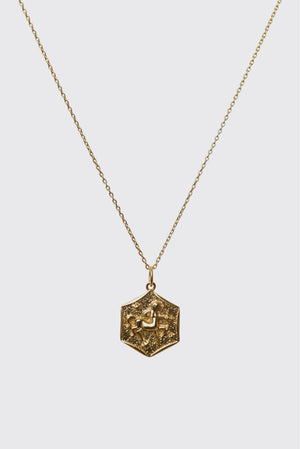 Zodiac - Aries features a gold vermeil fine chain and a hexagonal pendant with a raised, detailed design. Centered on a plain light background, this timeless necklace makes the perfect addition to any zodiac jewelry collection.