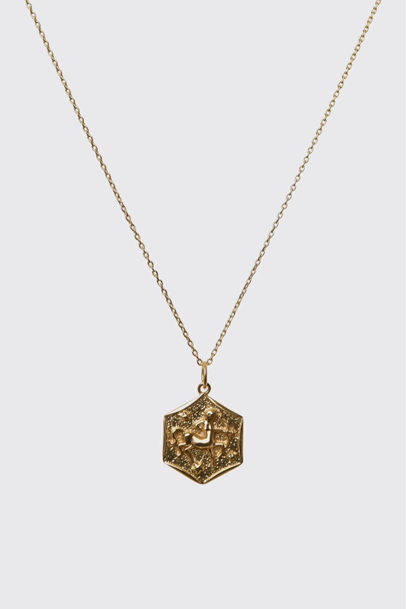 Zodiac - Aries features a gold vermeil fine chain and a hexagonal pendant with a raised, detailed design. Centered on a plain light background, this timeless necklace makes the perfect addition to any zodiac jewelry collection.