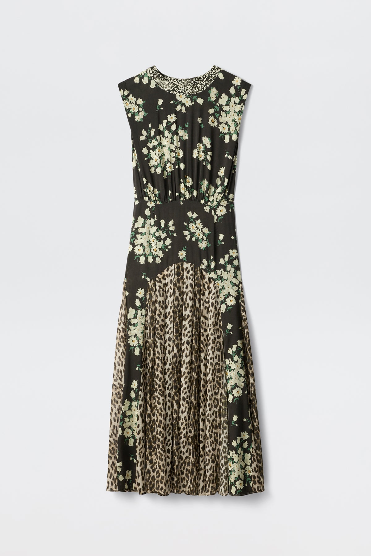 Coralie's Amelia Gremlin Mix Black is a sleeveless dress with a black background, featuring a white floral print on the top and midsection, a leopard print skirt, and an embellished trim at the neckline.