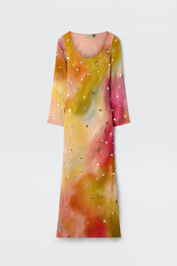 The Noraya - Jessica Alexandra Multi is a long-sleeved, floor-length silk dress with a scoop neckline, showcasing a vibrant gradient of yellow, orange, pink, and green hues accented by scattered circular sequin embellishments.