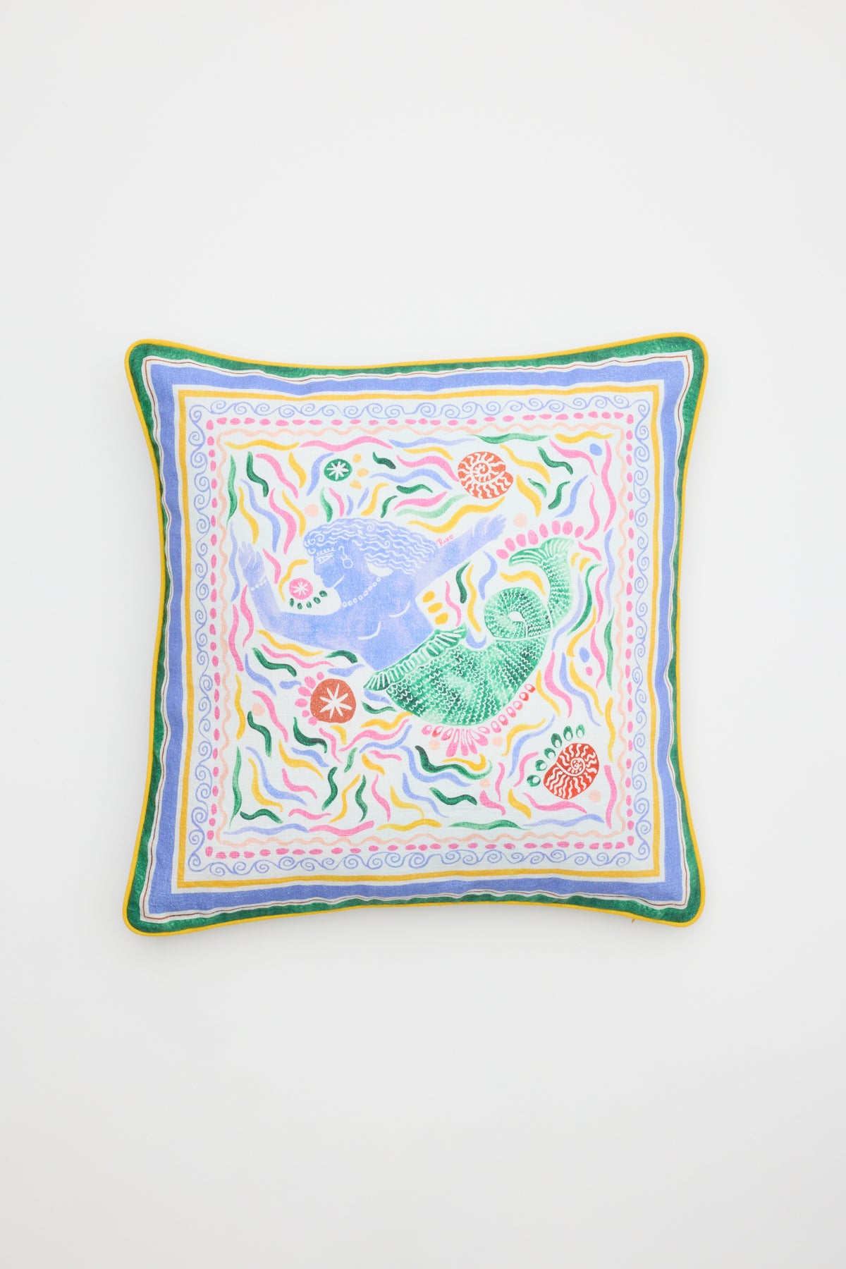 The Romilly - Cover Mythos Mix Ivory is a square decorative pillow cover with a colorful abstract design of wavy lines, circles, and two central animal figures, finished with purple, white, and green borders.